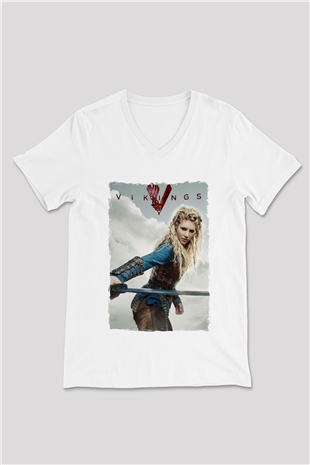 Vikings Beyaz Unisex V Yaka Tişört