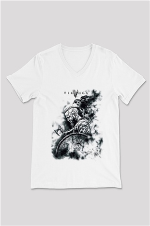 Vikings Beyaz Unisex V Yaka Tişört T-Shirt