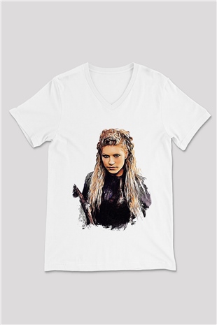 Vikings Beyaz Unisex V Yaka Tişört T-Shirt