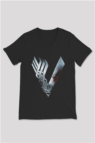 Vikings Siyah Unisex V Yaka Tişört T-Shirt