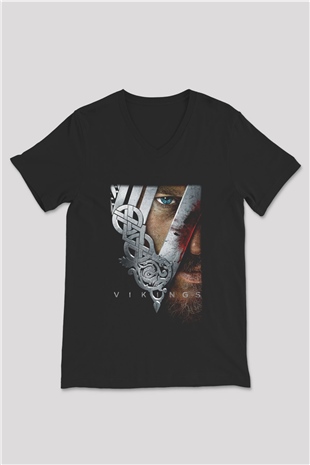 Vikings Siyah Unisex V Yaka Tişört T-Shirt