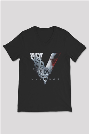 Vikings Siyah Unisex V Yaka Tişört T-Shirt