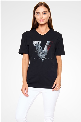 Vikings Siyah Unisex V Yaka Tişört T-Shirt