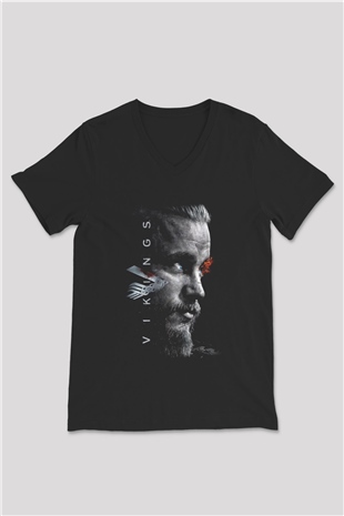 Vikings Siyah Unisex V Yaka Tişört T-Shirt