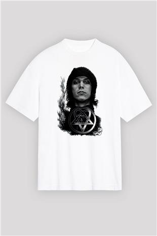 Ville Valo Baskılı Beyaz Unisex Oversize Tişört - Tshirt
