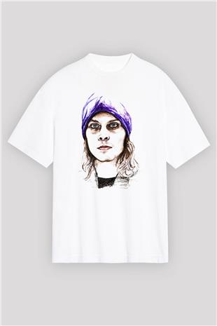 Ville Valo Baskılı Beyaz Unisex Oversize Tişört - Tshirt