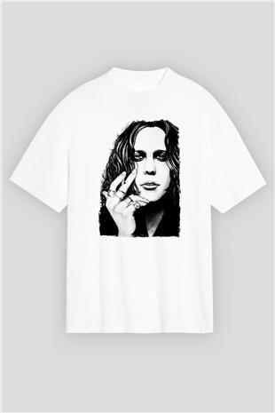 Ville Valo Baskılı Beyaz Unisex Oversize Tişört - Tshirt