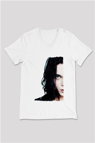 Ville Valo Baskılı Beyaz Unisex V Yaka Tişört - Tshirt