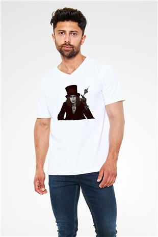 Ville Valo Baskılı Beyaz Unisex V Yaka Tişört - Tshirt