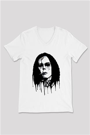 Ville Valo Baskılı Beyaz Unisex V Yaka Tişört - Tshirt