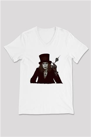 Ville Valo Baskılı Beyaz Unisex V Yaka Tişört - Tshirt