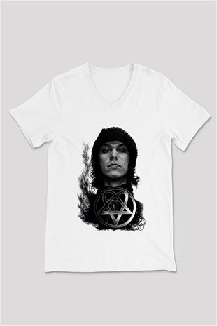 Ville Valo Baskılı Beyaz Unisex V Yaka Tişört - Tshirt