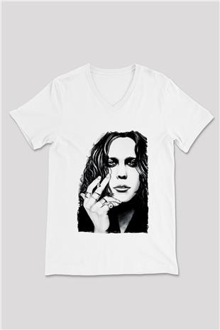 Ville Valo Baskılı Beyaz Unisex V Yaka Tişört - Tshirt