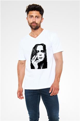 Ville Valo Baskılı Beyaz Unisex V Yaka Tişört - Tshirt