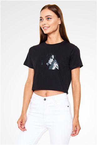 Ville Valo Baskılı Siyah Crop Top Kadın Tişört - Tshirt