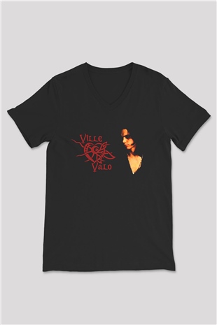 Ville Valo Baskılı Unisex Siyah V Yaka Tişört - Tshirt