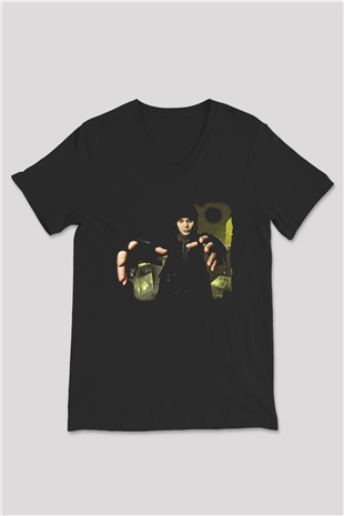 Ville Valo Baskılı Unisex Siyah V Yaka Tişört - Tshirt