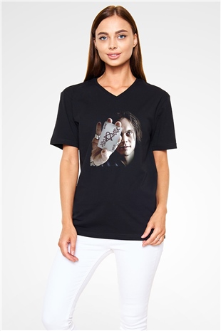 Ville Valo Baskılı Unisex Siyah V Yaka Tişört - Tshirt
