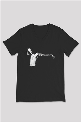 Ville Valo Baskılı Unisex Siyah V Yaka Tişört - Tshirt