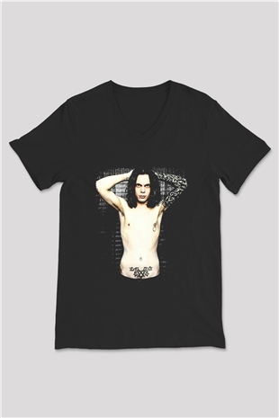 Ville Valo Baskılı Unisex Siyah V Yaka Tişört - Tshirt