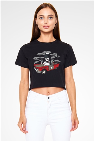 Vintage İskelet Sürücü Baskılı  Siyah  Crop Top Tişört