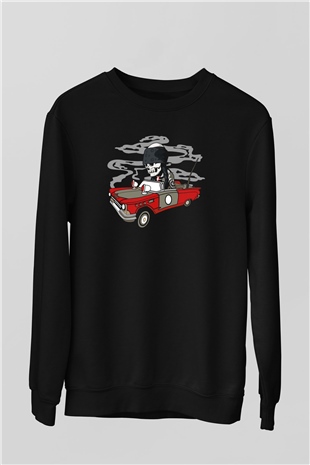 Vintage İskelet Sürücü Baskılı Unisex Siyah Sweatshirt