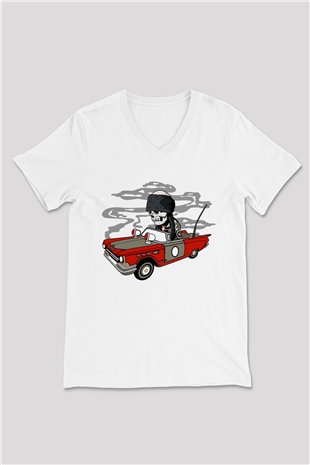 Vintage İskelet Sürücü Baskılı Unisex Beyaz V Yaka Tişört