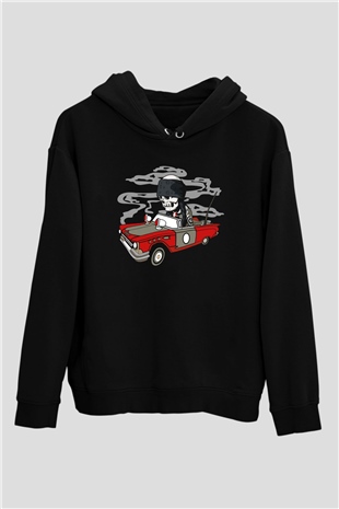 Vintage İskelet Sürücü Baskılı Unisex Siyah Hoodie
