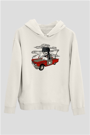 Vintage İskelet Sürücü Baskılı Unisex Beyaz Hoodie