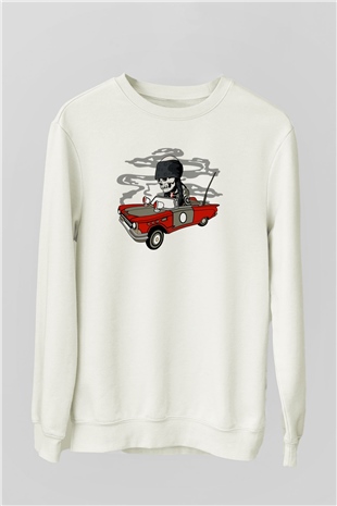 Vintage İskelet Sürücü Baskılı Unisex Beyaz Sweatshirt