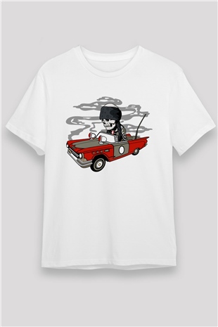 Vintage İskelet Sürücü Baskılı Unisex Beyaz Tişört