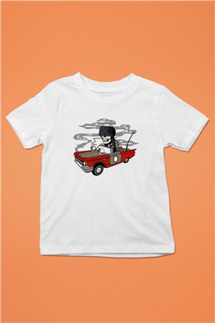 Vintage İskelet Sürücü Baskılı Unisex Beyaz Çocuk Tişört