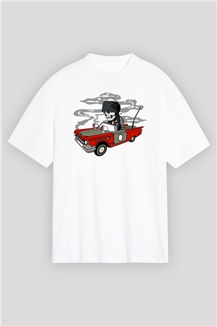 Vintage İskelet Sürücü Baskılı Unisex Beyaz Oversize Tişört