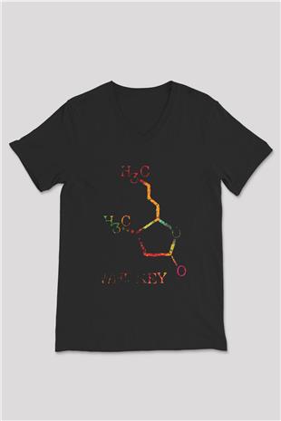 Viski Molekülü Baskılı Unisex V Yaka Siyah Tİşört - Tshirt
