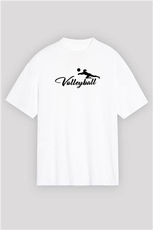 Voleybol Baskılı Unisex Beyaz Oversize Tişört - Tshirt