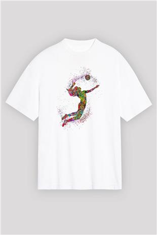 Voleybol Baskılı Unisex Beyaz Oversize Tişört - Tshirt
