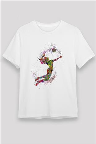 Voleybol Baskılı Unisex Beyaz Tişört - Tshirt