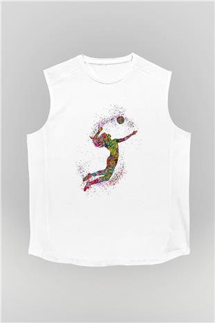 Voleybol Baskılı Unisex Kolsuz Beyaz Tişört