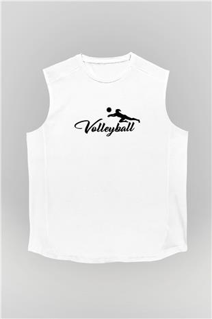 Voleybol Baskılı Unisex Kolsuz Beyaz Tişört