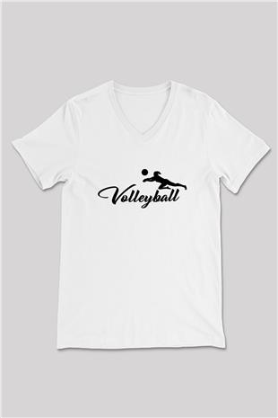 Voleybol Baskılı Unisex V Yaka Tişört - Tshirt