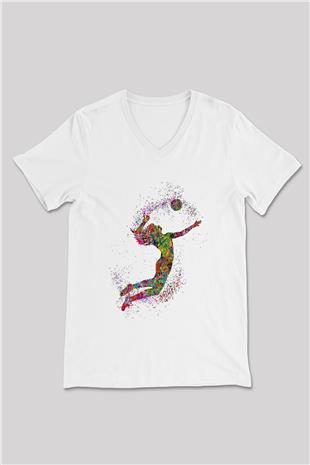 Voleybol Baskılı Unisex V Yaka Tişört - Tshirt