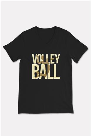 Voleybol - Volleyball Baskılı Unisex Siyah V Yaka Tişört