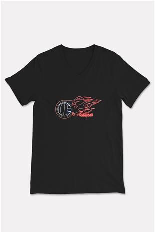 Voleybol - Volleyball Baskılı Unisex Siyah V Yaka Tişört