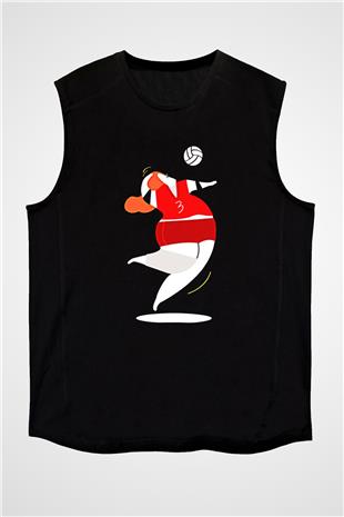 Voleybol - Volleyball Baskılı Unisex Siyah Kolsuz Tişört