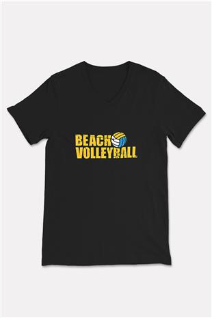 Voleybol - Volleyball Baskılı Unisex Siyah V Yaka Tişört