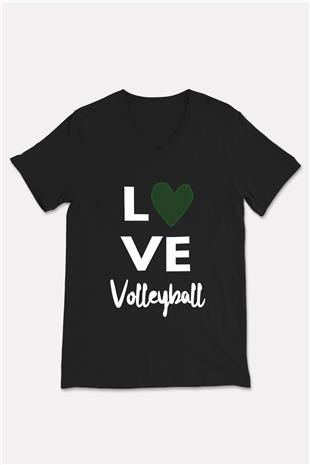 Voleybol - Volleyball Baskılı Unisex Siyah V Yaka Tişört
