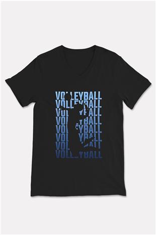 Voleybol - Volleyball Baskılı Unisex Siyah V Yaka Tişört