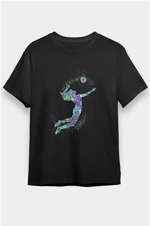Voleybol - Volleyball Baskılı Unisex Siyah Tişört - Tshirt