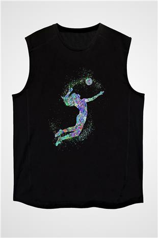 Voleybol - Volleyball Baskılı Unisex Siyah Kolsuz Tişört