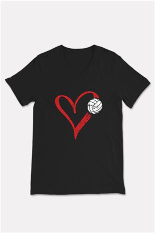 Voleybol - Volleyball Baskılı Unisex Siyah V Yaka Tişört